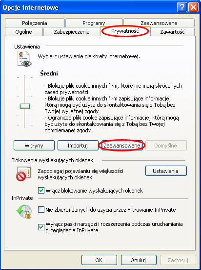 Ustawienia plików cookie w przeglądarce Internet Explorer